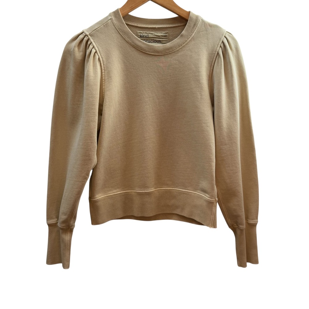 Unsubscribed Sweatshirt Women XS Tan Cotton Puff Sleeve Crew Neck Pullover